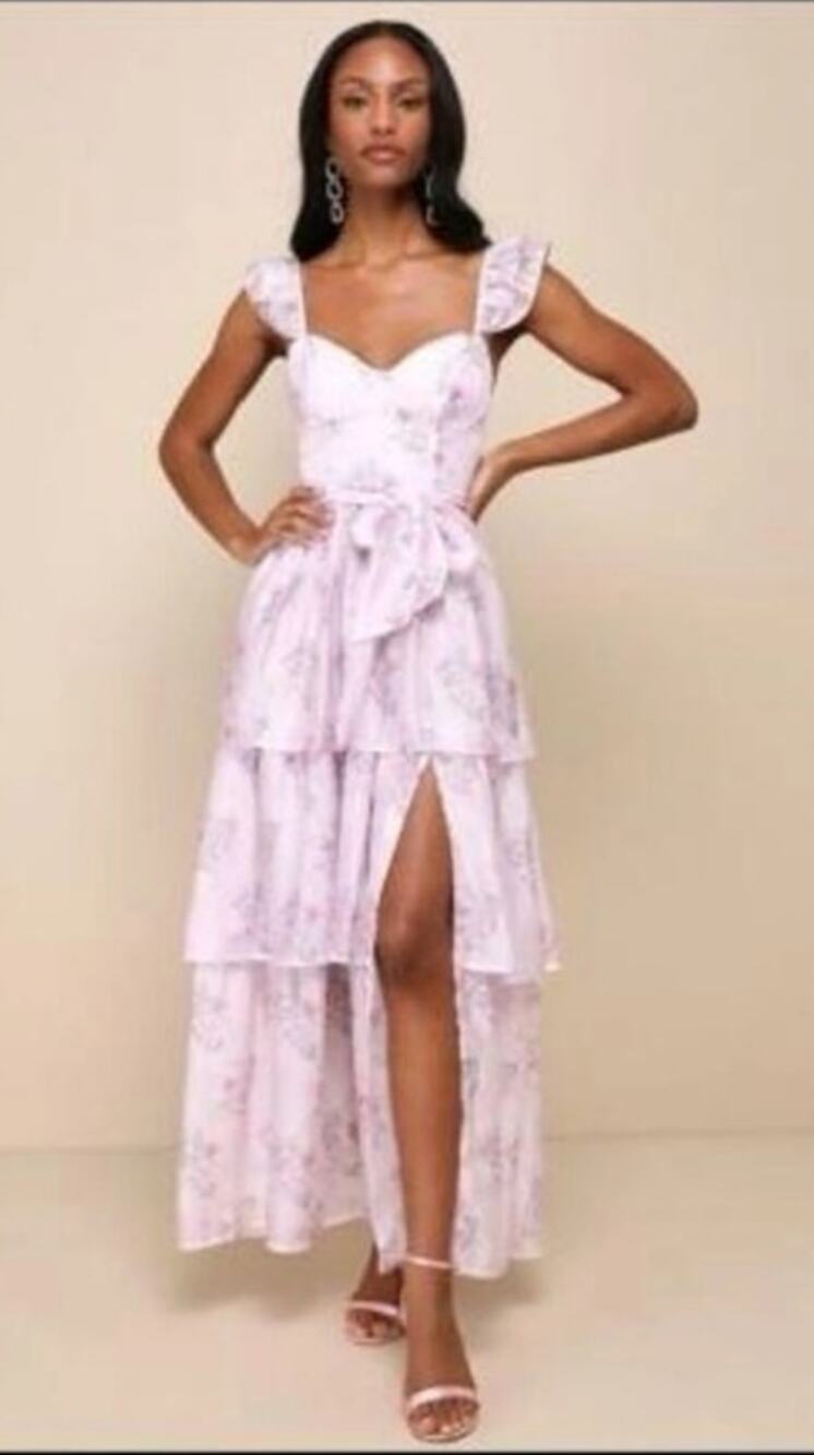 Lulus Lavender Floral Hadelyn Tiered Midi Dress Fairy Whimsey Women Small